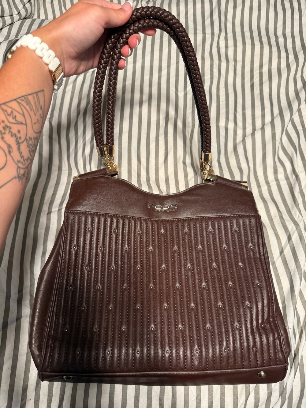 Bebe Brown Studded Satchel with Removable Crossbody Strap